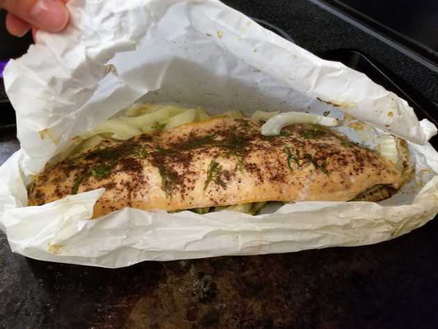 Salmon wrapped in parchment paper